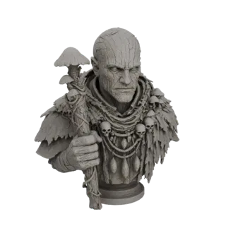 Render de modelo 3D de un busto gris que representa a un chamán del bosque ancestral con piel de corteza, adornos de hongos y