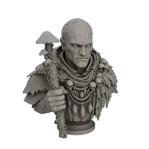 3D model render of a grey bust depicting an ancient forest shaman with bark-like skin, mushroom adornments, and a skull neckl