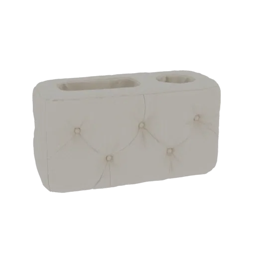 3D model render of a light-colored, tufted upholstered tissue box holder with two openings on top.