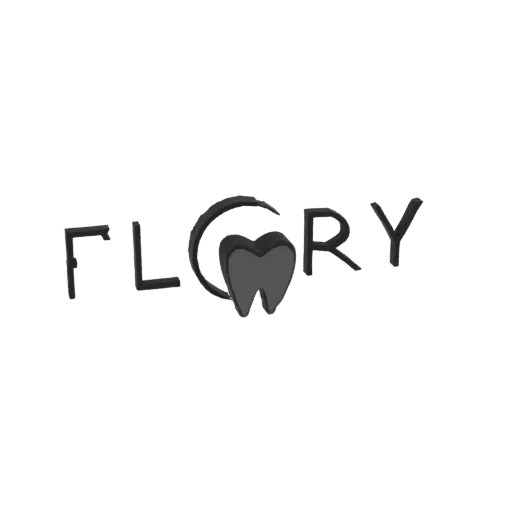 3D render of the 'FLORY' logo with a stylized tooth icon in the center, presented in a metallic finish.