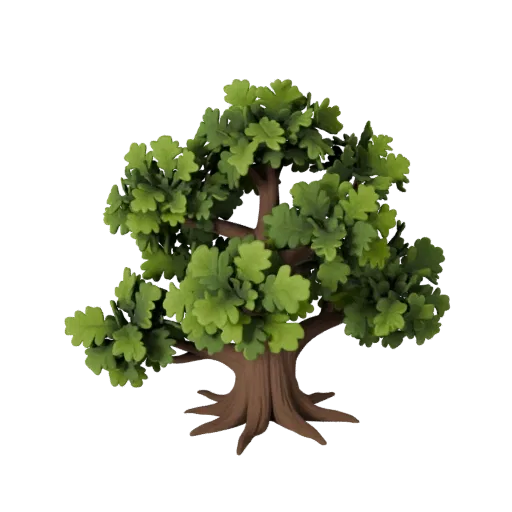 Oak Tree Cluster Stylized 3D model, stylized isometric environment render, showing leaf clusters, terrain detail.