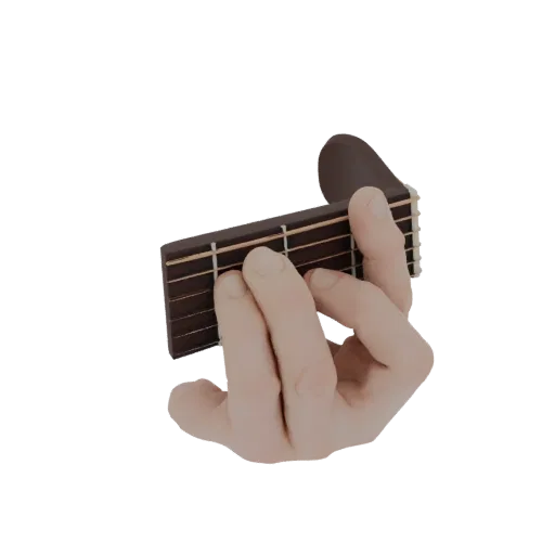 3D model of a human hand pressing down on a guitar fretboard to form the F chord.