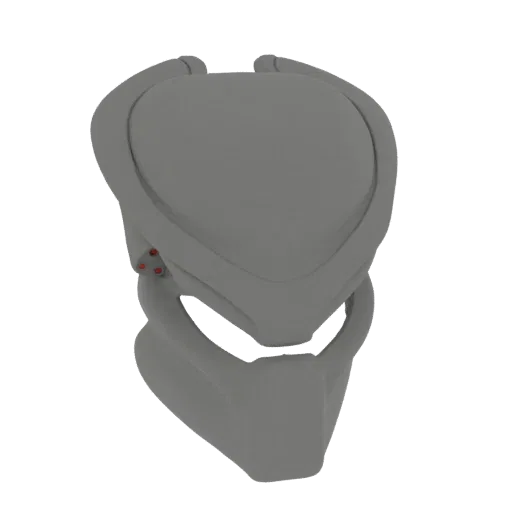 3D-Modell-Rendering einer grauen Predator-Maske mit komplexen Details und roten Akzenten an der Seite.