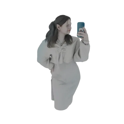 3D model of a young woman in a white outfit holding a smartphone and taking a selfie, with her hair in pigtails.
