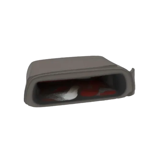 3D render of a red and white athletic sneaker displayed inside a sleek, modern gray case against a black background.