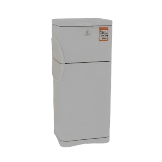 Modelo 3D de un refrigerador blanco de dos puertas con una pequeña etiqueta naranja en la parte superior derecha.