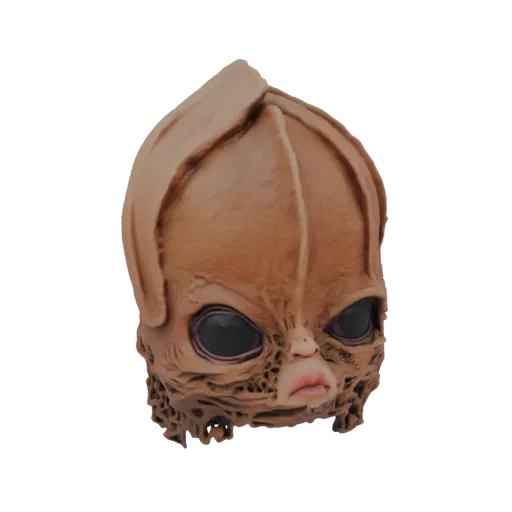 3D model render of an alien baby mask with large dark eyes and textured skin, presented on a black background.