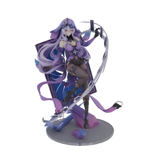 3D model of a mysterious sorceress with long purple hair, wearing a purple outfit, in a dynamic pose with magical effects.