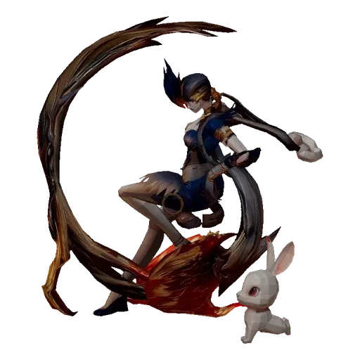 3D model of a dark sorceress with dark hair and ornate armor, seated on a fiery crescent moon throne, with a small white bunn