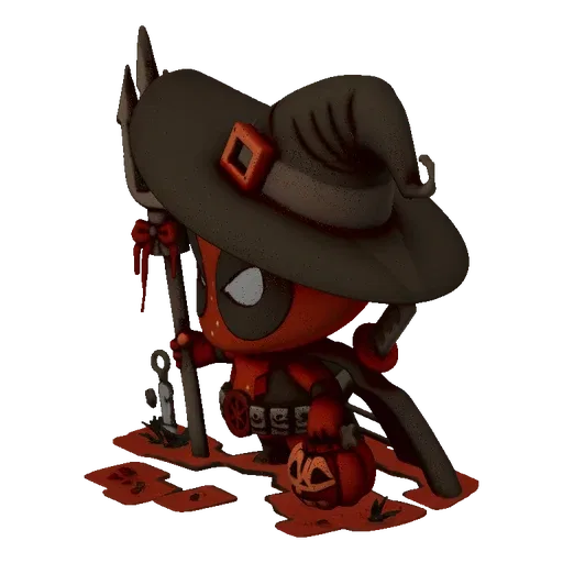 3D model of a chibi Deadpool character dressed as a Halloween witch, holding a trident and a pumpkin.