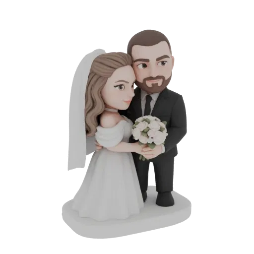 Modello 3D di sposa e sposo romantici che si abbracciano, con bouquet, progettato come cake topper nuziale.