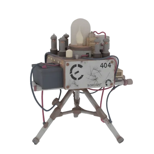 Modelo 3D de dispositivo retro sci-fi con tubos de vacío y pantalla '404 Error', montado en trípode, sobre fondo blanco.