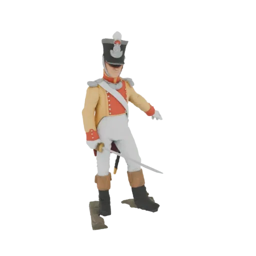 3D model of an 18th-century infantryman in uniform, holding a sword and wearing a shako hat, against a white background.