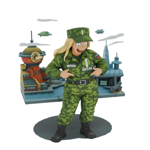 3D model of a female soldier in a green camouflage uniform, wearing a cap and pointing at herself, with a Russian flag patch