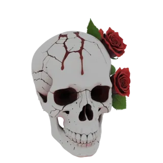 Una renderización 3D de una calavera blanca con grietas oscuras y sangre roja goteando de la frente, adornada con dos rosas r