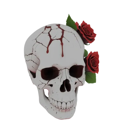 A 3D render of a white skull with dark cracks and red blood dripping from the forehead, adorned with two red roses and green