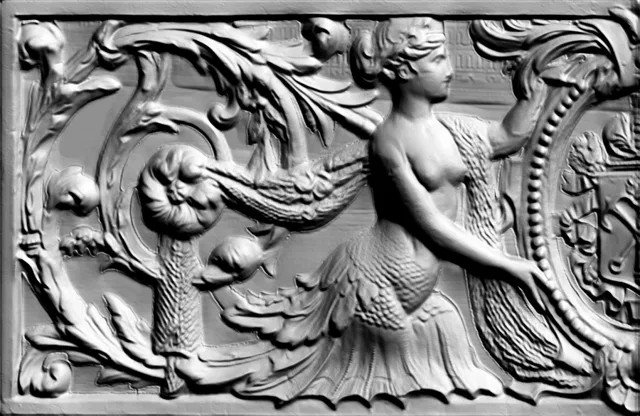 3D model of a bas-relief depicting a siren surrounded by floral ornament, in a classic style.