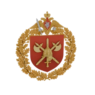 3D-Modell des russischen Militäremblems mit goldenem Eichenkranz, rotem Schild mit gekreuzten Äxten und Helm sowie Doppeladle