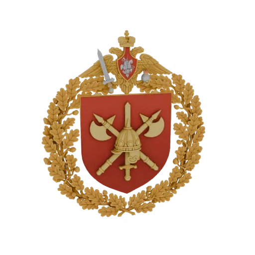3D model of the Russian military emblem, featuring a golden oak wreath, red shield with crossed axes and helmet, and a double