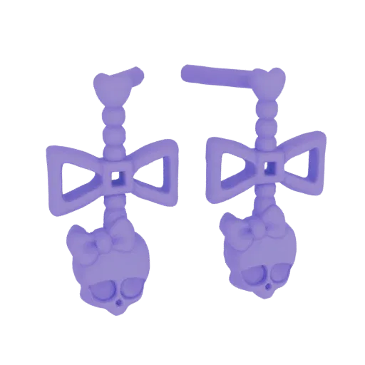 A 3D render of two purple skull earrings, each featuring a bow detail above the skull, against a white background.