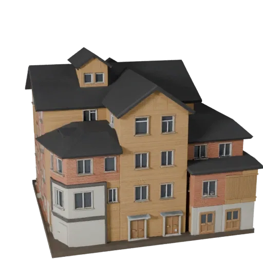 Modelo 3D estilizado de Casa de Praia, vista isométrica estilizada de ambiente de jogo, mostrando materiais de edifício resid