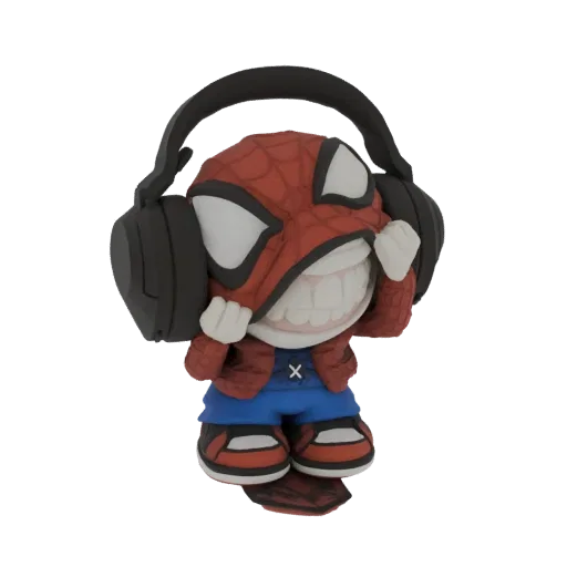 3D-Modell eines Chibi Spider-Man Charakters mit großen Kopfhörern, der seine Maske herunterzieht, um ein breites Grinsen zu z