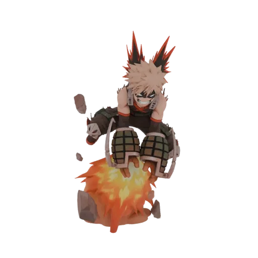 3D model of Katsuki Bakugo from My Hero Academia in an explosive mid-air pose with flames erupting from his feet.