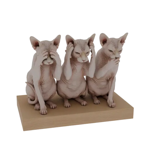 3D model of three Sphynx cats sitting on a wooden base, covering their eyes, ears, and mouth.