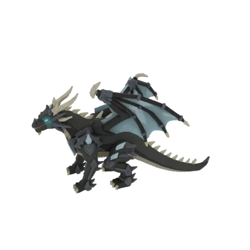 3D model of a black dragon with dark armor, glowing blue eyes, and light blue wings, posed dynamically.