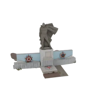 3D model of a Soviet soldier monument with a heroic figure, red star emblems, and a stone-like texture, set against a white b