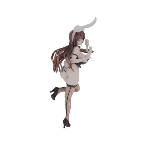 3D model of a bunny girl server wearing a black bunny outfit, holding a tray with two glasses, with long brown hair and bunny