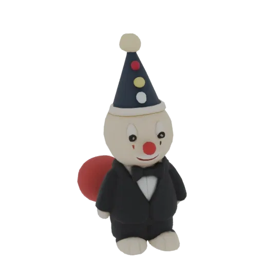 3D model of a cheerful clown wearing a black tuxedo and a blue party hat, holding a red balloon.