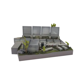 Modelo 3D de un diorama post-apocalíptico con edificios en ruinas, barricadas de hormigón, barriles dispersos y vegetación es