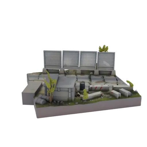 3D model of a post-apocalyptic diorama with ruined buildings, concrete barricades, scattered barrels, and sparse vegetation o