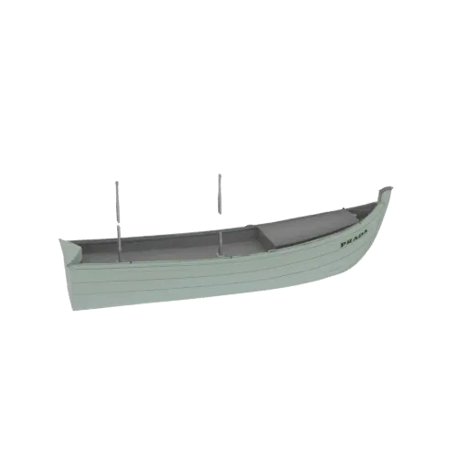 Um modelo 3D de um barco Prada azul claro com 'PRADA' sutilmente visível na lateral, contra um fundo preto.