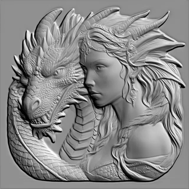3D model of a high-relief bas-relief depicting a girl embracing a dragon