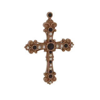 3D model of an ornate baroque cross pendant with intricate scrollwork, deep red garnets, and creamy pearls, set against a whi