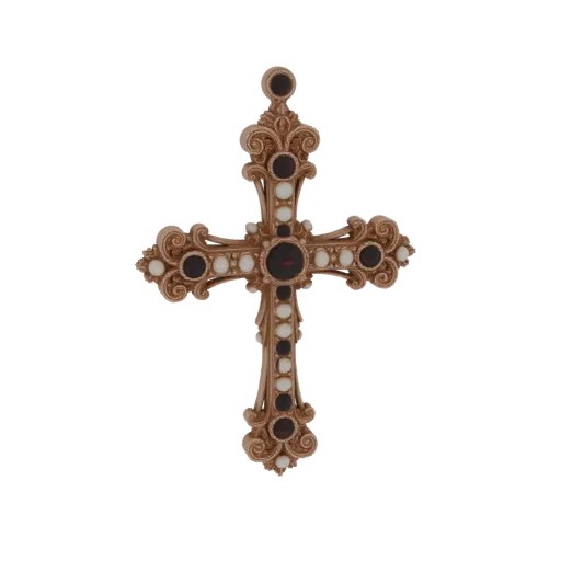 Modèle 3D d'un pendentif croix baroque ornée avec volutes complexes, grenats rouge profond et perles crémeuses, sur fond blan