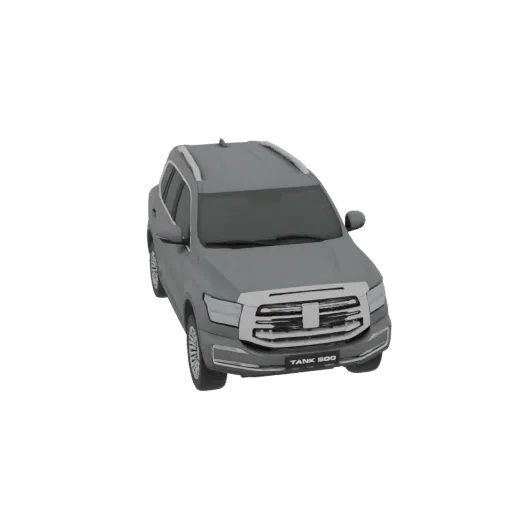 Modelo 3D de un SUV gris, inspirado en el "Tank 300", mostrado desde una perspectiva frontal tres cuartos sobre un fondo blan