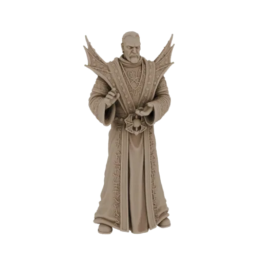 3D model of a mysterious male mage with a stern expression, wearing ornate, flowing robes and a spiked collar, standing with
