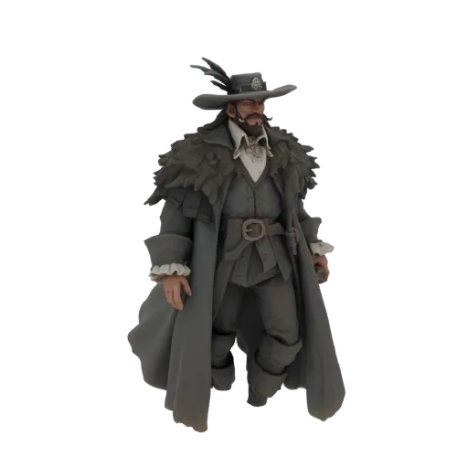 Modello 3D di un gentiluomo del XVII secolo con cappello piumato, cappotto bordato di pelliccia e abiti ornati, in posa neutr