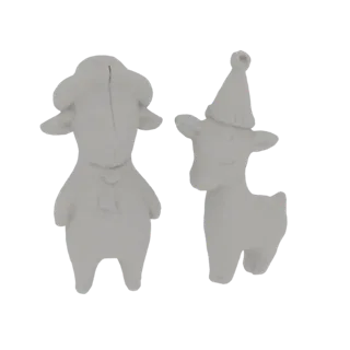 3D model render of a cute deer wearing a Santa hat and a sheep with a scarf, presented together on a white background.