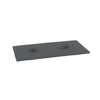 Modelo 3D de una placa eléctrica doble gris oscuro con dos elementos calefactores circulares, presentado sobre un fondo blanc