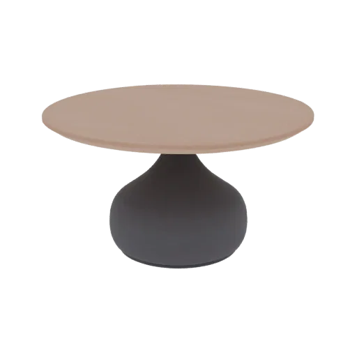 3D model of a modern coffee table with a round taupe top and a bulbous charcoal grey pedestal base.