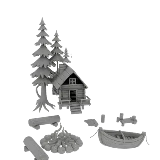 Modelo 3D de uma cena de cabana rústica com pinheiros, um barco, toras e uma fogueira, sobre um fundo branco.