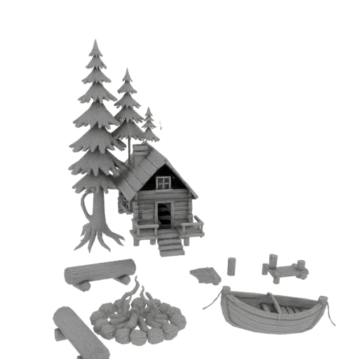 3D-Modell einer rustikalen Blockhütten-Szene mit Kiefern, Ruderboot, Holzstämmen und Lagerfeuer, vor weißem Hintergrund.