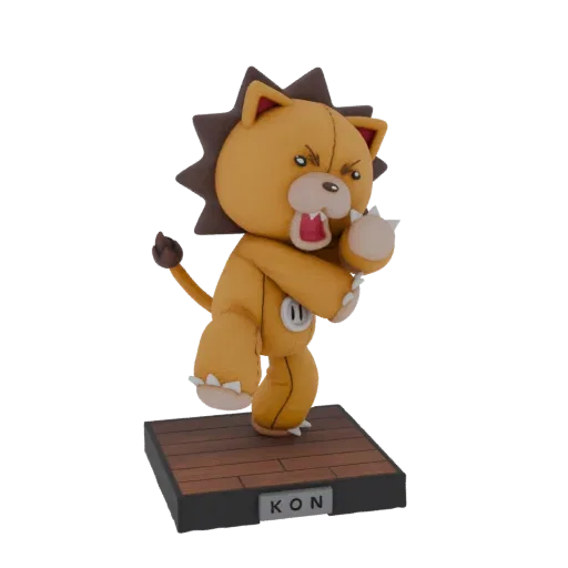 Modelo 3D de Kon, el peluche naranja de Bleach, en pose de acción dinámica sobre base de madera.