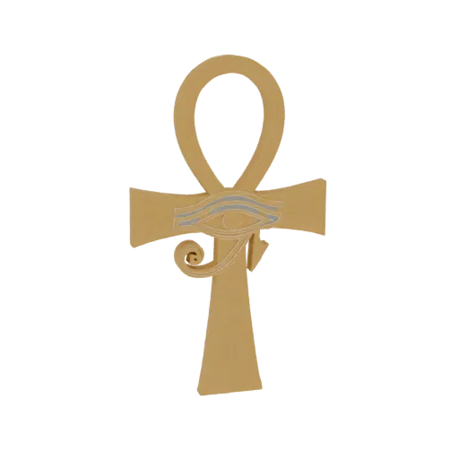 3D model of a golden Ankh pendant with the Eye of Horus symbol prominently displayed on the crossbar, set against a black bac