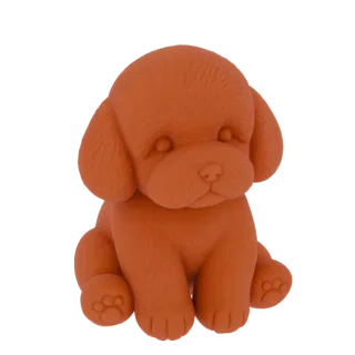 Una renderización 3D de una figura de perrito adorable, de color naranja, sentada con las patas delanteras delante.