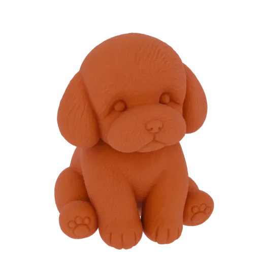 A 3D render of a cute, orange-colored puppy figurine sitting down with its paws in front.